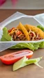 Placeholder: "Taco in a Bag" which consists of an open Doritos chip bag containing Doritos chips and cooked ground beef and lettuce and shredded cheese and tomato pepper and onions, food blogger photography