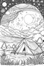 Placeholder: A campsite under a starry night sky, with a crackling campfire and a cozy tent, represents the freedom of simplicity and outdoor living..coloring book page, simple and clean line art, adult drawing book, black and white, crisp black lines, no shades, sharp lines, coloring book for adults, cartoon style, landscape