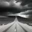 Placeholder: desert, storming, lightning, rain, dunes, black and white, road, landscape