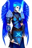 Placeholder: a person in runic armor with blue wings, blue short hair, runic tattoo and spell book