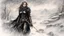 Placeholder: Hyper-photorealistic watercolor art style by Luis Royo , a warrior woman in black armor on the background of a cold snow-covered country, ice and crystal, frost and snow, hyperdetailed face, full body diagonal shot, encounters male bandits in dark fantasy countryside setting, absence of mysterious elements, dramatic lighting, ultrafine detail, octane rendering., by