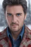 Placeholder: Blue eyes, close-up facial portrait - a Bright, well-lit UHD, 1080p 32k, photograph - winter time, hunting season, part Jesus Christ, part Elvis Presley with a mustache and short crew-cut hair, part Lee Majors, Part red and black checkered wool coat, blue jeans, cowboy boots, plaid shirt, sunbursts, crosses, 3D lighting, diamonds, hearts, Butterflies, Clovers, Roses, extremely colorful,