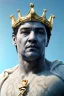 Placeholder: Ultra Realistic image, classic sculpture, white marble material, Maradona, gold crown of natural thorns, god crown, gold veins, gold ornaments, sun rays background, waist up portrait, epic, celestial, cinematic lighting, God lights, 4k resolution, smooth details, soft lighting, unreal engine 5, art station, substance 3d.