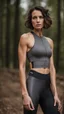 Placeholder: photography of a beautiful anorexic woman, grey satin triathlon top, sports illustrated, brunette short wavy bob haircut, pronounced sternum, flat chest, anthracite cycling leggins