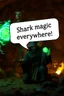 Placeholder: speech bubble in front with weird font saying "Shark magic everywhere." fast killer glowing ball closeup femi semi-dragon in background, magic swirl, strong winds, true grit, reggae native stand off fast draw poncho cowboy wizard on knees hurt punching green and blue fire ball whip while taking sight wand slinger, in flame lit cave ,bokeh like f/0.8, tilt-shift lens 8k, high detail, smooth render, down-light, unreal engine
