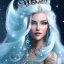 Placeholder: Ice Princess with white hair smilling, a crown with precious stones, bright background