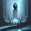 Placeholder: fantasy art, book cover, upper body of big shiny wizard with an axe in hand, in front of the ebony stairs of a bridge or dam ,icy water, on the bridge is a wolf, there is also a hawk sitting on his shoulder