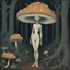 Placeholder: [art by Paul Sérusier] Malleus Maleficarum In the heart of a dark and spooky forest, a woman with big eyes, her head enclosed in a giant mushroom cap, stands trembling. She is clad in a full-body mushroom symbiote suit made of white mycelium, blending seamlessly with the eerie surroundings. Surrounding her are several giant mushrooms, their shapes resembling women, casting long, haunting shadows in the dim light of the forest.The woman's eyes dart nervously from one mushroom figure to anot