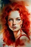 Placeholder: watercolor and ink portrait featuring a young woman with detailed light eyes and wispy red curls, in the style of hollywood glamour, precise and detailed brushwork on textured paper, confident expression with subtle mysterious sensual smile