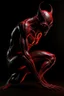 Placeholder: Realistic devil leaning forward at an angle facing left, posed as if over a shoulder, red skin, horror style, no other person.