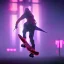 Placeholder: photo of a ninja riding a skateboard; in an alternate universe in tokyo; cyberpunk; realistic; rain; neon signs