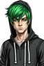 Placeholder: Anime young man with green hair wearing a black hoodie realistic