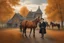 Placeholder: Fascinating, ultra-realistic nature in the photo. Golden autumn. A 32-year-old man in 19th-century Russian clothes walks towards the horses with his head raised to the sky, a smile on his face. In the background, the Russian estate of a 19th-century nobleman and three horses stand at the outhouse.