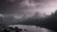 Placeholder: Cloudy dark sky, Distant epic mountains, river, rocks, trees