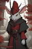 Placeholder: Male rabbitfolk with grey fur and Hazel eyes wearing blood red and black robes in a fantasy setting, sorcerer of death