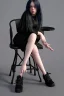 Placeholder: Billie Eilish, sitting on a chair, Black Short Dress, high detail, realistic