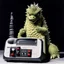 Placeholder: Godzilla as a baby muppet kawaii calling phone using a cellphone nokia, studio photo. Magazine 1980