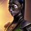 Placeholder: jade, mortal kombat, face, smile, dark skin color, dark ninja mask, black hair, brown eyes closed, woman