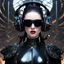 Placeholder: woman, female, pale skin, headphones, dark straight hair, massive ponytail, bang, implants, googles sunglasses opera mask, huge cervical collar shackle, leather, vinyl+fabric lacquer wear,sci-fi, mystic, decay, oil, glitch, optical illusion, fractal, intricate, coal, ink, ash, holography, gradients, noise texture, cyber, technological, bionic, hyper realistic, high quality, high resolution, 4k, raw, iso 100, photography, fashion, lifestyle, sharp, ampir, art deco style
