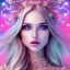 Placeholder: beautiful, soft, smiling face, whole head, long straight blonde hair blues eyes, crown on the head, clothing in transparent bluish and pink veil, background brillante bluish and pink, hight definition, 8K