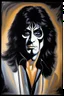 Placeholder: Head and shoulders image - oil painting by Scott Kendall - pitch Black solo record album with emerald glowing in tips of hair - 30-year-old Peter Criss (Drummer) with shoulder length, wavy, straight black and gray hair, with his face made up to look like a cat's face - in the art style of Boris Vallejo, Frank Frazetta, Julie bell, Caravaggio, Rembrandt, Michelangelo, Picasso, Gilbert Stuart, Gerald Brom, Thomas Kinkade, Neal Adams, Jim Lee, Sanjulian, Thomas Kinkade, Jim Lee, Alex Ross,