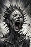 Placeholder: suffering woman creature roar, gray weird sky, storm, distopic, weird and surreal mood, highly detailed, dark sad, thriller atmosphere, sharp, metallic edges, around spikes, tall walls, , broken pieces, shattered face, cracks, everhere, hyperdetailed, greyscale, pale light, crepy stunning, drawing and ink , abstract shapes floating in dark space, metal lines, deep colors, dramatic shadows, dark mood