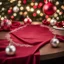 Placeholder: Beautiful Top Angle View Of Only A Table With Beautiful Christmas Ornaments On Both Sides Leaving The Center Of Table Empty With Red Silky Cloth With Beautiful Bokeh Background.