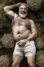 Placeholder: full figure shot photography, 35mm lens lens, a happy smiling muscular Sardinian shepherd burly chubby man 58 years old, talking lying down in the meadow near a little tree, ugly and dirty, bullneck, manly chest, in tank top and overalls, wild white beard, ambient occlusion, strong sunshine, emotive eyes, misery and poverty, side view