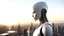 Placeholder: Photoreal Gorgeous godlike white alien cyborg looking over a futuristic city on the horizon in mystical haze at golden hour , otherworldly creature, in the style of fantasy movies, photorealistic, bokeh masterpiece smooth shading, ultra detailed, high resolution, cinematic, unreal 6, subtle shadows, octane render, 8k, cinema 4d, HDR, dust effect, vivid colors