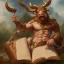 Placeholder: A legendary miniature with a big muscular body and a bull-shaped head with two fiery horns reading a book under a tree by the lake, realistic 3D, magical painting, full and detailed painting components, Hollywood quality, 4K 8 K