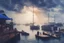 Placeholder: Oil painting, harbor marina, boats, restaurant, Group of men having lunch,sitting out door, epic, celestial, cinematic lighting, God light, god rays, 4k resolution, ornate details, unreal engine 5, blue vibrant background.