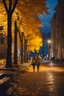 Placeholder: night yellow lights over the street trees autumn leaves under feet ,a Student adult girl with books in her hand walking in street looking to camera a boy walks after she few meters away her back