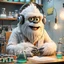 Placeholder: Pixar: A Yeti epidemiologist sits in a well-lit lab, headphones on, deeply engrossed in a podcast. On the desk beside him are various lab equipment and a freshly made panini, steam rising from it. His expression is one of contentment and curiosity, combining his love for science and food.