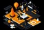 Placeholder: innovation - solarpunk theme illustration - isometric, orange elements, black, non productive employee, hour glass, downward trending chart, time, busy