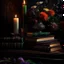 Placeholder: rave on books with flowers and lit candles dark moody art with browns green earthy tones, deep purples, hyper realistic maximalist concept art