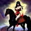 Placeholder: ultra detailed portrait of beautiful Vampirella Riding a black horse,wearing plate armor, extremely detailed digital painting, in the style of FRANK FRAZETTA and Earl Norem and fenghua zhong and ruan jia and jeremy lipking and peter mohrbacher, mystical colors, rim light, beautiful lighting, 8 k, stunning scene, raytracing