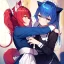 Placeholder: Clear Focus, High resolution, wearing a maid uniform, fluffy hair and a long ponytail, blue hair, cat ears, meowing, hugging another girl with red long fluffy hair also wearing a maid outfit, looking at you