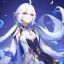 Placeholder: Genshin woman, Clear Focus High resolution, Calm Background, Light skinned woman, White long beatiful hair, Purple sparkling eyes, Very Beatiful Face, Splash art