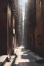 Placeholder: new york alley way. on a sunny day. the atmosphere is sunny and vivid. should include a garbage container and steem coming out of a pipe, the alley opens up to a large open space in the center at the end where it junctions into a large avenue far back.