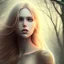 Placeholder: Female, long blond hair, make up, high lights, rusted, diffuse lighting,polished, intricate,highly detailed, illustration, clouds, foggy scene bordered with leaves