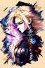 Placeholder: Explosive abstract collage style image of a beautiful anime warrior girl, beautiful blond hair and features, dramatic, pieces of cloth material, textured moon in background, bob wire, gothic surroundings, textures