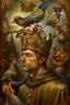 Placeholder: painting of a skinny surreal medieval man with a crown and birds on his head, heather theurer, an overweight, a beautiful artwork illustration, bitter, bells, carson ellis, catholic religious art, caretaker, nun, around a neck, daniel lezama painting style, dunce, whimsy, mark brown, monk