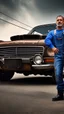 Placeholder: close up photography of a strong serious 50 years old beefy italian car mechanics man in dirty overalls and tank top, repairing a car, stand up near a car, tattoo, bulge, short beard, in a dirty street, dirty and ugly, bullneck, manly chest, in tank top, emotive eyes, sunlight, photorealism , ultra defined , photorealistic