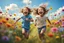 Placeholder: children run and laugh in the summer meadow, surrounding colors flowers, meadow, Happy and harmony vibe, blu sky and the little wind. high detailed, sharp focuses, photorealistic, cinematic