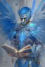 Placeholder: a person in runic armor with blue wings, blue short hair and spell book