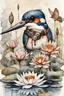 Placeholder: hand-drawn watercolor painting of many different types of steampunk flowers and waterlilies, growing in a little pond, with a kingfisher sitting on a branch, holding a little fish in his beak, with a splash of mixed colors on a white background, sharp detail