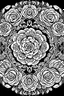 Placeholder: Create a black and white image of roses and tulips with a white mandala design covering the entire background. This image is intended to be colored in by an adult, so use the colors black and white accordingly