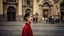 Placeholder: A woman in a beautiful 1920s flapper dress, standing in a busy street of Prague, Czech Republic, surrounded by iconic Baroque architecture, contrasting vintage feel with modern hustle, vibrant colors, classic red lipstick, feathered headband, captured in a dynamic shallow depth of field with a tilt-shift lens, cinematic lighting reminiscent of classic Hollywood films, vintage film grain overlay for a timeless aesthetic