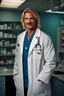 Placeholder: Mid-thirties, Caucasian male doctor, creepy smile, messy blonde hair, light-colored thick mustache, pale blue eyes, broad shoulders, muscular, six foot, Hawaiian shirt under white lab coat, bloodstains at the edges of the lab coat. Strong Jaw line, surrounded by shadows, photo realistic