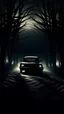 Placeholder: Dark Forest Drive: A couple in a car driving through a dense, dark forest with tall, shadowy trees. The headlights illuminate the eerie, twisted branches ahead, creating an ominous atmosphere.